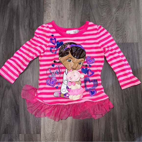 Girls Disney Doc McStuffins Care Pink striped Purple Heart Tulle Dress Sz 2T HTF - Picture 1 of 6
